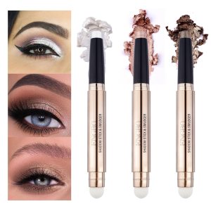 3 PCS Eye-Shadow Stick Makeup Cosmetics Eye Brightener Stick, Waterproof Rotatable Cream Eye Shadow Pencil Crayon, Glitter Shimmer Eyeshadow Stick with Sponge Brush for Eye Makeup (01#03#07#)