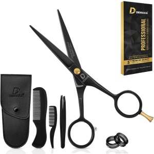 5″ Professional Mustache Scissors Beard Scissors for Men with Slanted Tweezers 1 Mustache Comb 1 Beard Comb & Pouch – Beard Trimming kit & Mustache Kit (Black With Tweezer)