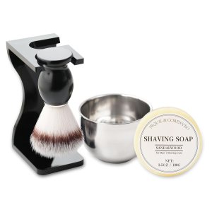 Shaving Brush Set for Men, 4pcs Synthetic Shaving Brush Set with Shaving Soap, Acrylic Stand and Steel Bowl