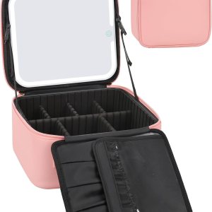 Relavel Makeup Bag with Light Up Mirror, Makeup Case Travel Cosmetic Bags Brush Organizer Storage Box, Rechargeable Vanity Mirror with 3 Color Lights, High Frame Mirror Protection (Pink)