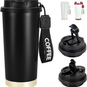 Insulated Coffee Tumblers with Dual-use Lid and Straw, 18oz Travel Mug with Leak-proof Lid, Stainless Steel Insulated Cup with Strap, Reusable Coffee Cup for Men and Women, Black