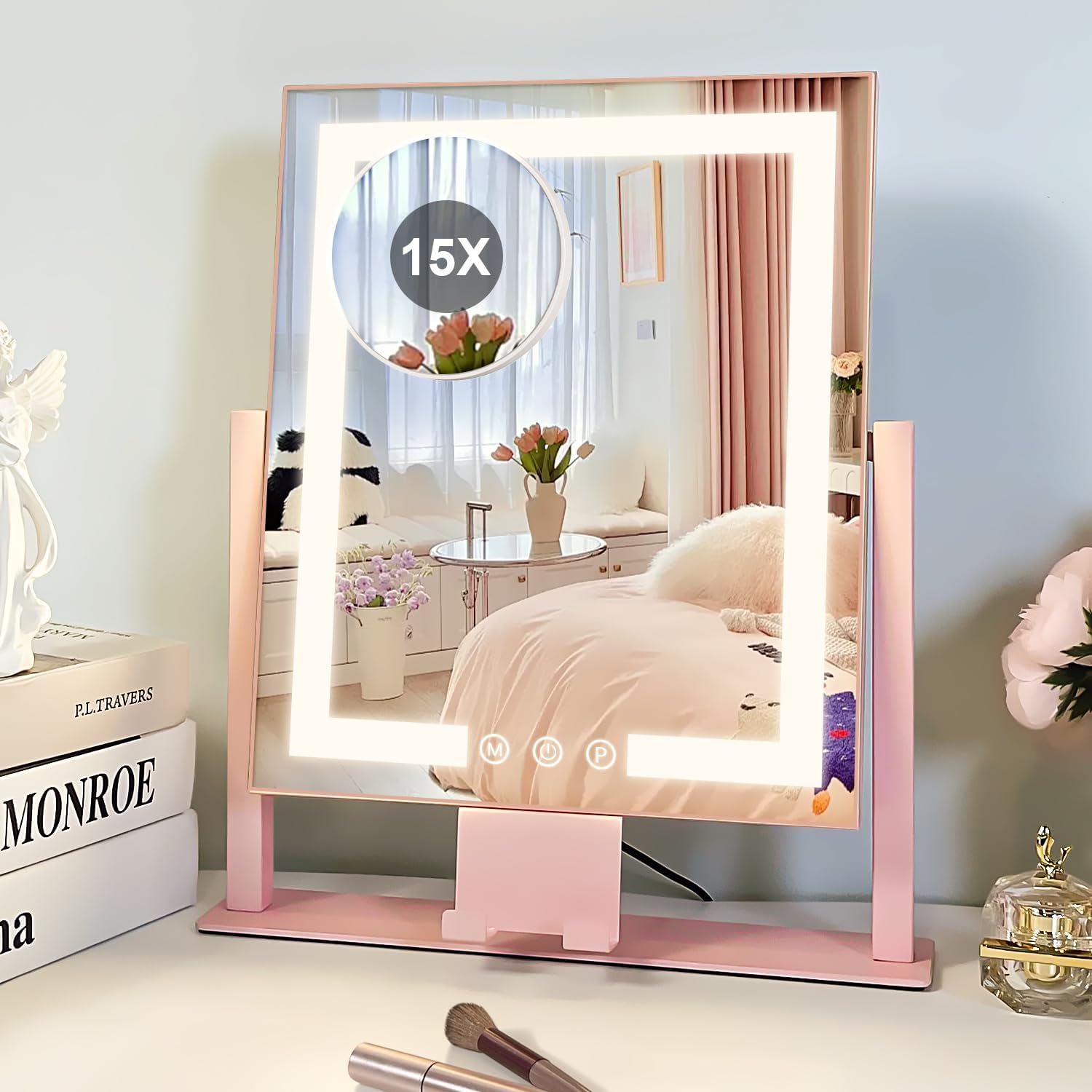 Pink Vanity Mirror with Lights, 15X Magnification 360 Rotation Makeup Mirror with Lights, Hollywood Mirror with Detachable 3 Color Modes, Smart Touch Control and Phone Holder Pink Vanity Mirror with Lights, 15X Magnification 360 Rotation Makeup Mirror with Lights, Hollywood Mirror with Detachable 3 Color Modes, Smart Touch Control and Phone Holder