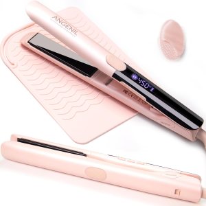 ANGENIL Pro Titanium Flat Iron Hair Straightener, Anti-Scald Dual Voltage Straightening and Curler 2 in 1, Negative Ion Round Pink Hair Straightener with Heat Resistant Silicone Mat, 15s Fast Heating