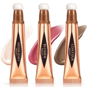 HOSAILY 3Pcs Contour Beauty Wand Liquid Contour Blush Highlighter Stick with Cushion Applicator Long Lasting Lightweight Blendable Cream Smooth Face Rouge Illuminator Liquid Bronzer Makeup Set (2+3+5)