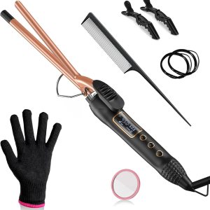 3/8 Inch Small Curling Iron, 9mm Tiny Curling Wand for Medium & Long Hair, Ceramic Small Barrel Curling Iron with Adjustable Temperature, with Heat Resistant Glove, 8-in-1 Gift Set