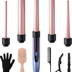 Curling Iron Hair Curler with 5 Interchangeable Barrel Curlings Wand Set with Hair Brush Styling Tool Women Gift for Wife Wavy Curl Salon Ceramic Tourmaline barra de cera para el cabello mujer