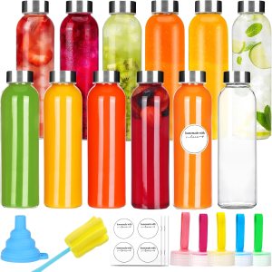 CUCUMI 18oz Glass Juice Bottles, 12pcs Glass Water Bottles with Stainless Steel Lids, Reusable Juice Bottles Bulk with Funnel, Stickers, Brush and 12pcs Replaceable Caps for Storing Beverages Juice