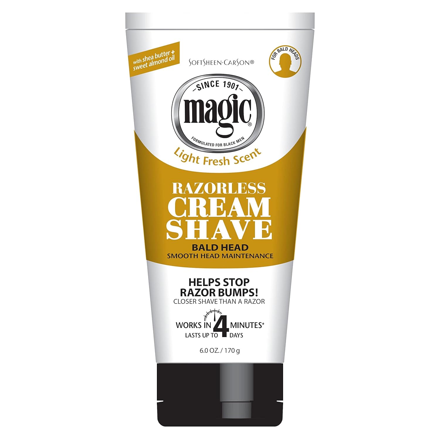 SoftSheen-Carson Magic Razorless Shaving Cream for Men, Hair Removal Cream, for Bald Head Maintenance, No Razor Needed, Depilatory Cream Works in 4 Minutes for Coarse Curly Hair, 6 oz SoftSheen-Carson Magic Razorless Shaving Cream for Men, Hair Removal Cream, for Bald Head Maintenance, No Razor Needed, Depilatory Cream Works in 4 Minutes for Coarse Curly Hair, 6 oz