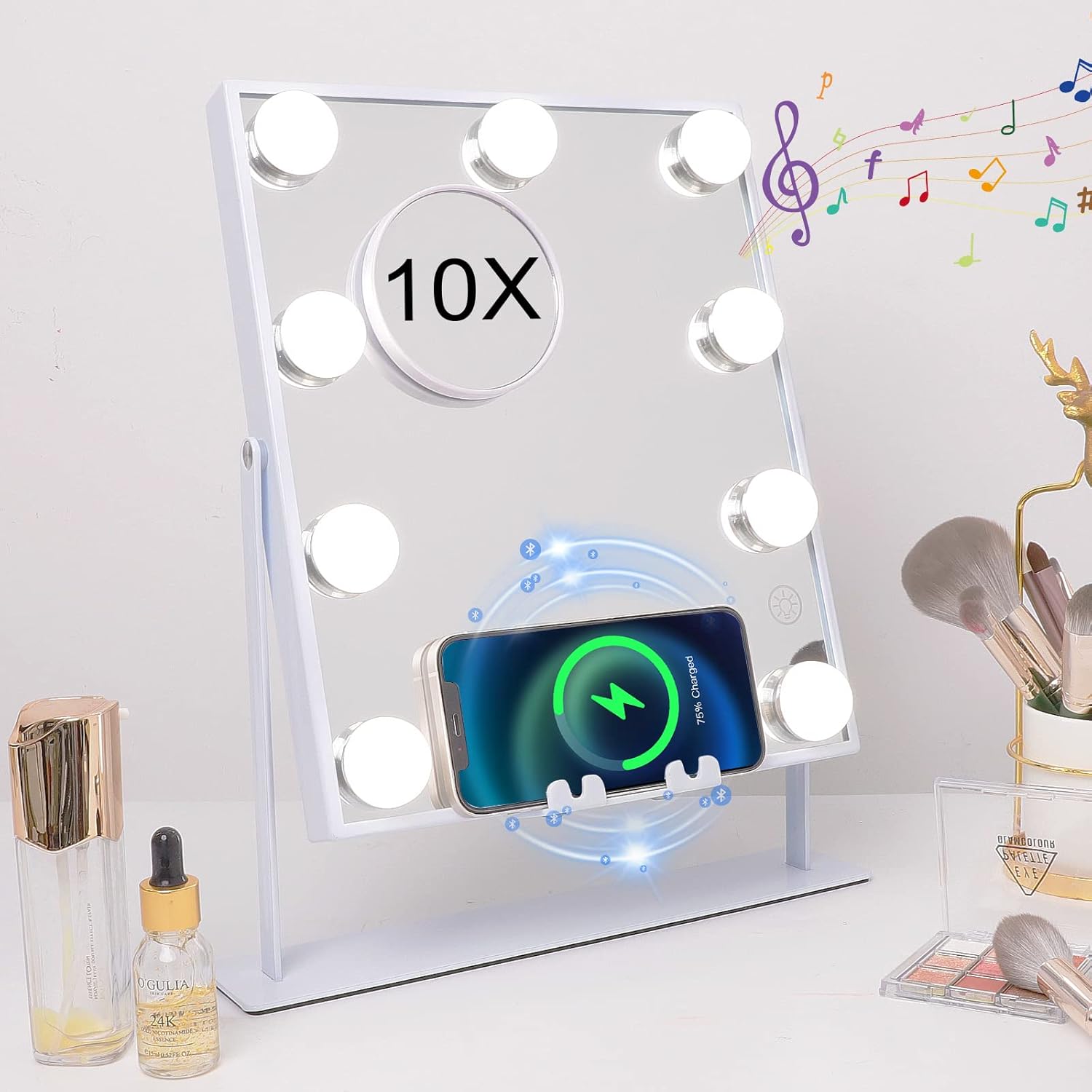 Hansong Lighted Vanity Mirror with Bluetooth Speaker and Wireless Charging Makeup Mirror with Lights 9 Dimmable Bulbs Lighted Makeup Mirror 3 Color Lighting Tabletop (White) Hansong Lighted Vanity Mirror with Bluetooth Speaker and Wireless Charging Makeup Mirror with Lights 9 Dimmable Bulbs Lighted Makeup Mirror 3 Color Lighting Tabletop (White)