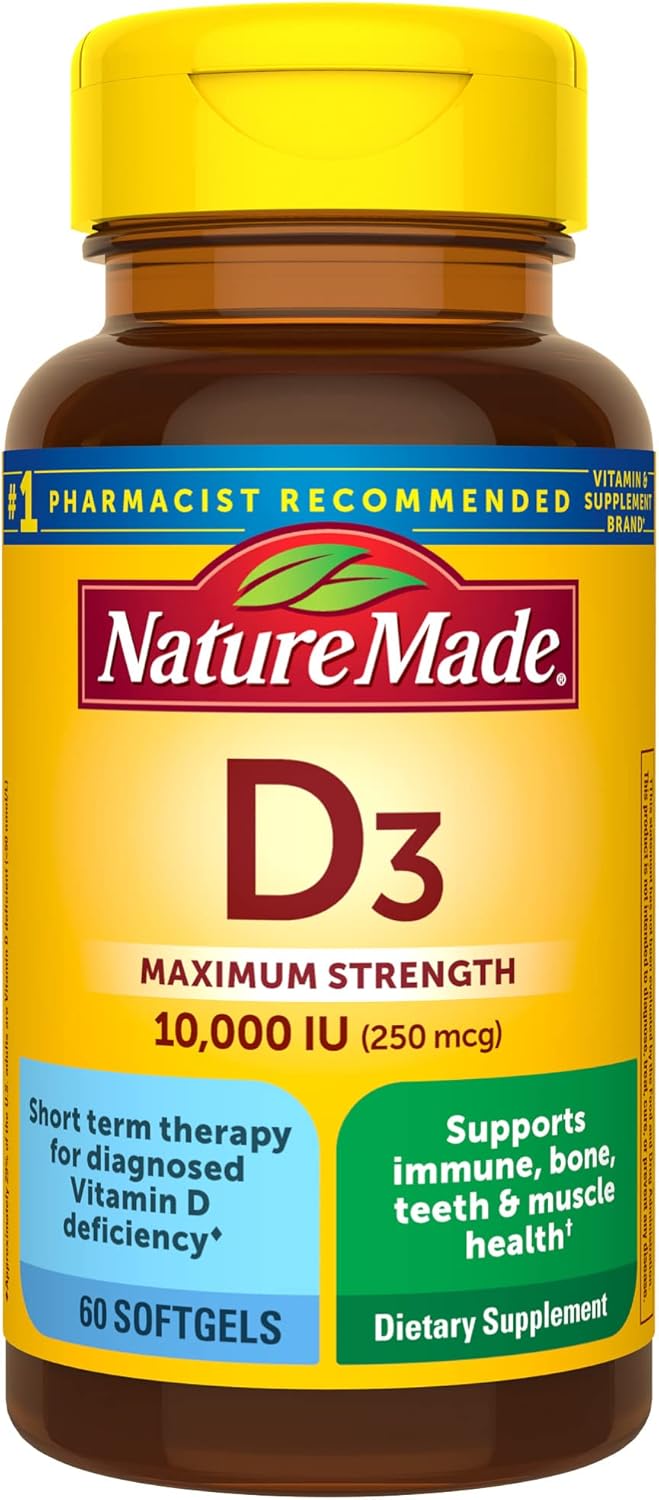 Nature Made Maximum Strength Vitamin D3 10000 IU (250 mcg), Dietary Supplement for Bone, Teeth, Muscle and Immune Health Support, 60 Softgels, 60 Day Supply Nature Made Maximum Strength Vitamin D3 10000 IU (250 mcg), Dietary Supplement for Bone, Teeth, Muscle and Immune Health Support, 60 Softgels, 60 Day Supply