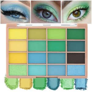 16Colors Green Gold Light Blue Colorful Eye Shadow Makeup Pallet,High Pigmented Rainbow Matte Shimmer Glitter Eyeshadow Makeup Pallet Gift Kit,Long Lasting Waterproof Blendable Natural Eye Shadow
