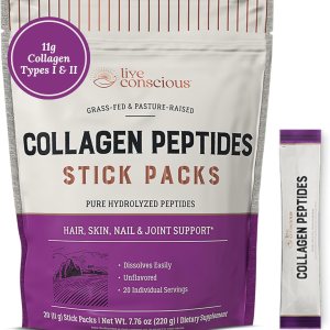 Live Conscious Collagen Peptides Powder Unflavored Packets – Hydrolyzed Collagen Powder – Hair, Skin, Nail, & Joint Support – Type I & III Grass-Fed Collagen Supplements for Women and Men – Pack of 20