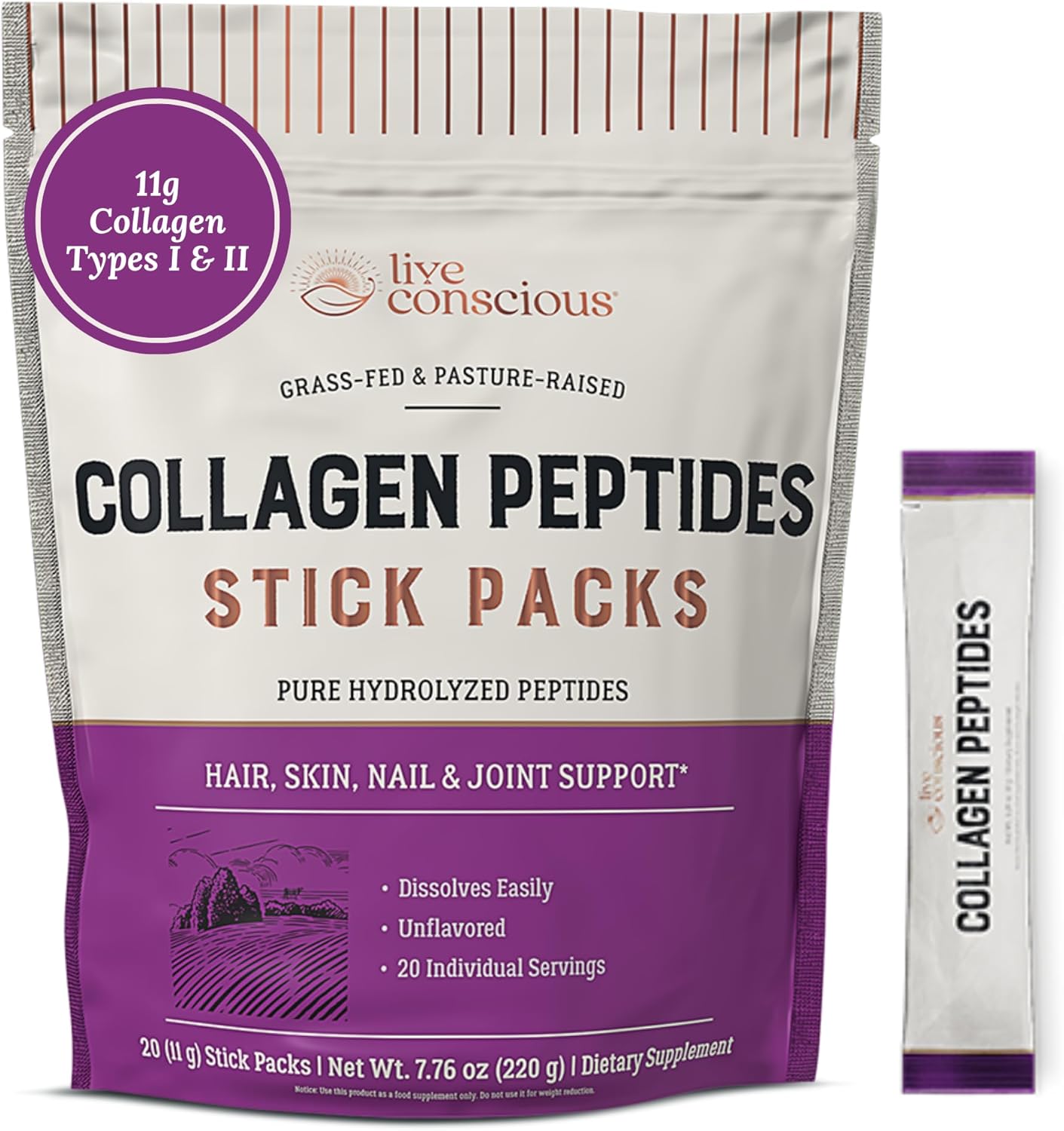Live Conscious Collagen Peptides Powder Unflavored Packets – Hydrolyzed Collagen Powder – Hair, Skin, Nail, & Joint Support – Type I & III Grass-Fed Collagen Supplements for Women and Men – Pack of 20 Live Conscious Collagen Peptides Powder Unflavored Packets – Hydrolyzed Collagen Powder – Hair, Skin, Nail, & Joint Support – Type I & III Grass-Fed Collagen Supplements for Women and Men – Pack of 20