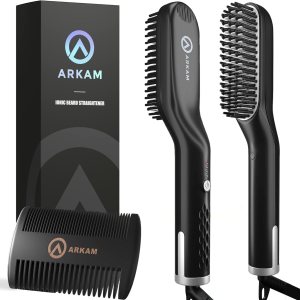 Arkam Beard Straightener for Men – Original Heated Beard Brush Kit w/Anti-Scald Feature, Dual Action Hair Comb and Travel Bag for Short to Medium Beards -Costume Accessories and Grooming Gifts for Men