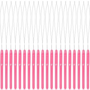 20 Pieces Hair Extension Loop Needle Threader Pulling Hook Needle Bead Device Tool for Hair or Feather Extensions Supplies, DIY Hook Tool Loop Tools (Pink)