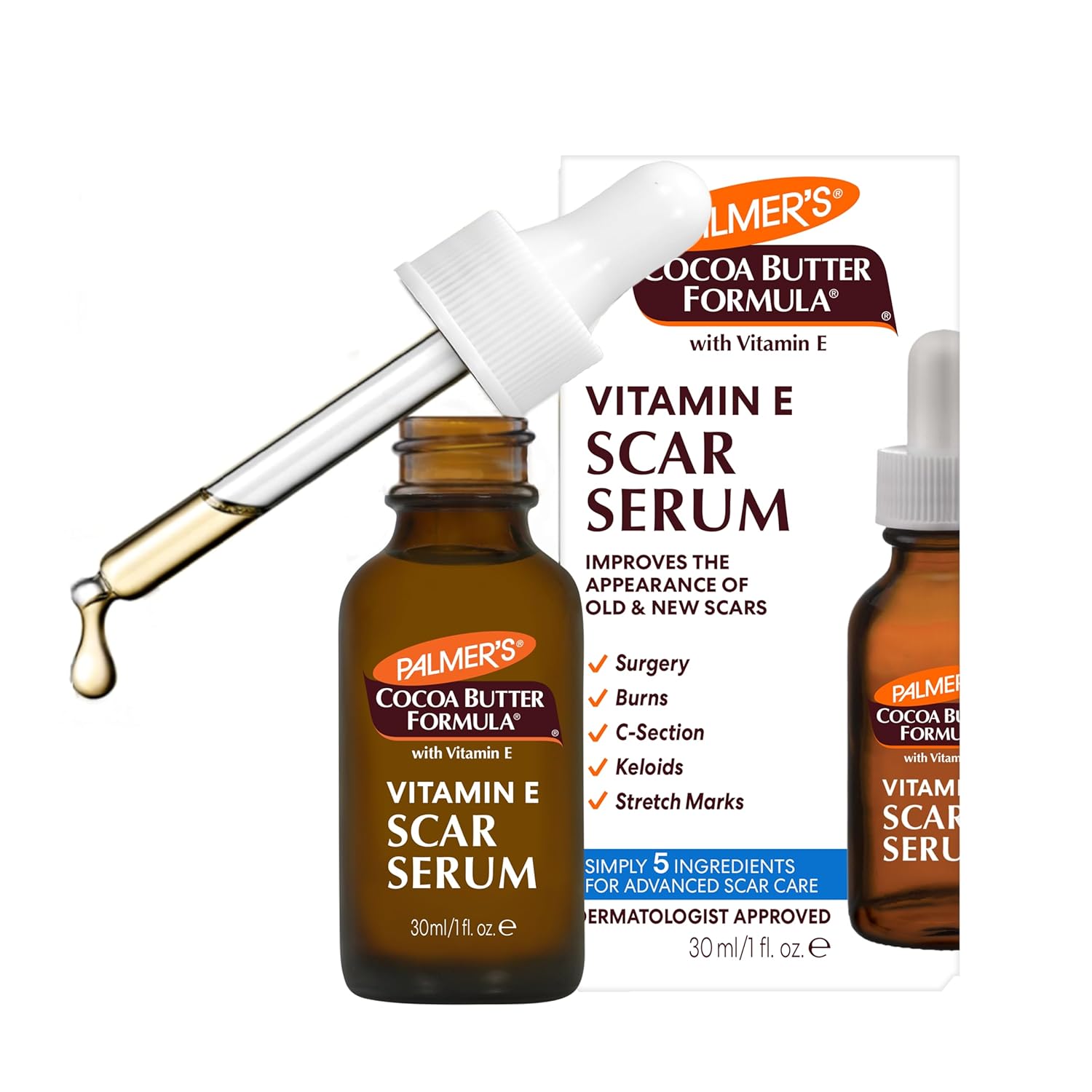 Palmer’s Cocoa Butter Formula Scar Serum, Skin Brightening Oil for Face & Body, Concentrated Serum with Vitamin E, Fragrance Free, 1 Fl Oz Palmer’s Cocoa Butter Formula Scar Serum, Skin Brightening Oil for Face & Body, Concentrated Serum with Vitamin E, Fragrance Free, 1 Fl Oz