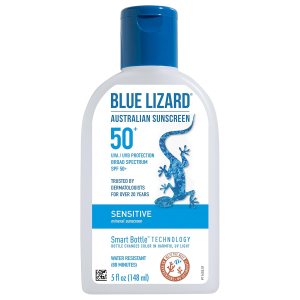 BLUE LIZARD Sensitive Mineral Sunscreen with Zinc Oxide, SPF 50+, Water Resistant, UVA/UVB Protection with Smart Bottle Technology – Fragrance Free, 5 oz