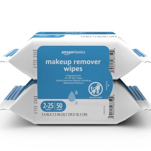 Amazon Basics Make Up Remover Wipes, Fragrance Free, 50 Count (2 Packs of 25) (Previously Solimo)