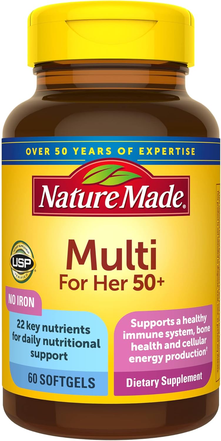 Nature Made Multivitamin For Her 50+ with No Iron, Womens Multivitamin for Daily Nutritional Support, Multivitamin for Women, 60 Softgels, 60 Day Supply Nature Made Multivitamin For Her 50+ with No Iron, Womens Multivitamin for Daily Nutritional Support, Multivitamin for Women, 60 Softgels, 60 Day Supply