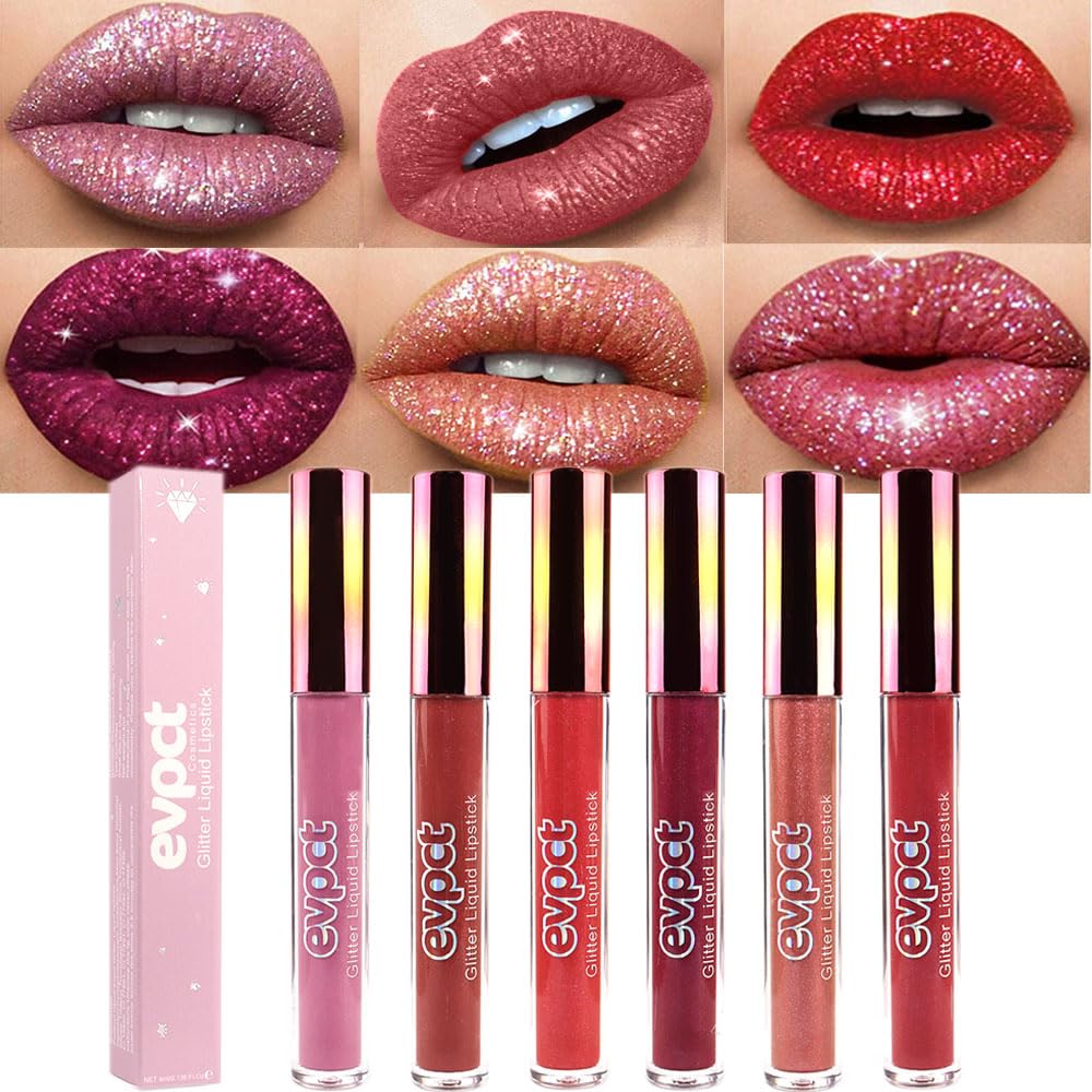 evpct 6Pcs Matte to Glitter Liquid Lipstick Long Lasting Lip Set Kit,6 Color Diamond Dark Red Pink Purple Mauve Glitter Sparkly Glossy Metallic Shimmer Sparkle Waterproof Lipstick Lip Gloss for Women evpct 6Pcs Matte to Glitter Liquid Lipstick Long Lasting Lip Set Kit,6 Color Diamond Dark Red Pink Purple Mauve Glitter Sparkly Glossy Metallic Shimmer Sparkle Waterproof Lipstick Lip Gloss for Women