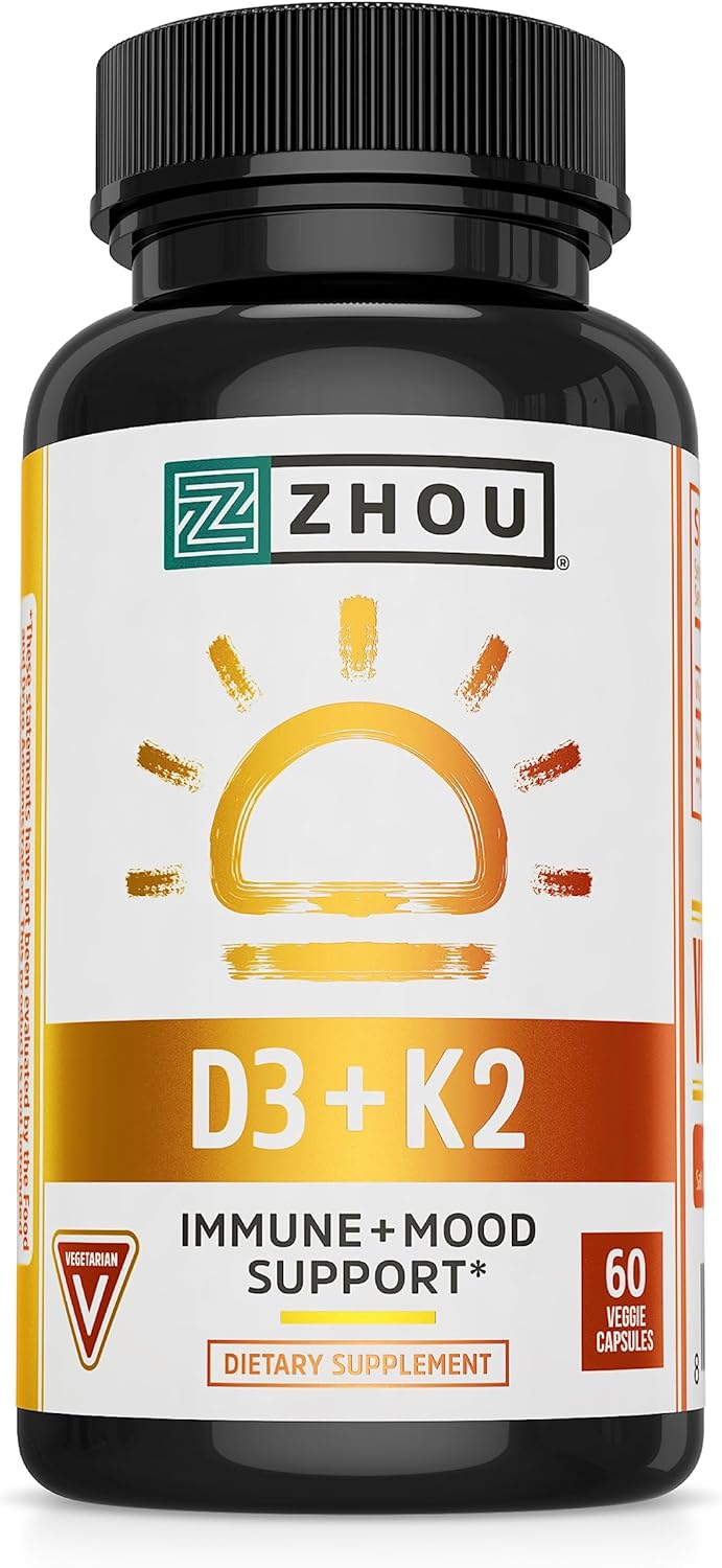 Zhou Nutrition Vitamin D3 K2, Bone and Heart Health Formula 5000 IU Vitamin D3 & 90 mcg Vitamin K2, Max Strength 2 in 1 Immune Support and Calcium Absorption, Gluten Free, 60 Count Zhou Nutrition Vitamin D3 K2, Bone and Heart Health Formula 5000 IU Vitamin D3 & 90 mcg Vitamin K2, Max Strength 2 in 1 Immune Support and Calcium Absorption, Gluten Free, 60 Count