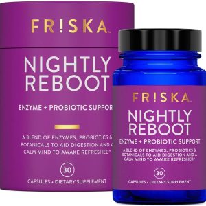 FRISKA Nightly Reboot Enzyme and Probiotics Supplement, Promotes Better Digestion and Sleep, Supports Gut Health for Men and Women, Melatonin, Chamomile, 30 Capsules