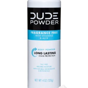 DUDE Body Powder – Fragrance Free 4 Ounce Bottle Natural Deodorizers With Chamomile & Aloe, Talc Free Formula, Corn-Starch Based Daily Post-Shower Deodorizing Powder for Men