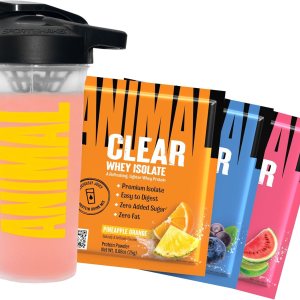 Animal Clear Whey Protein Isolate Sampler Pack & Shaker Bottle – Deliciously Juicy 20g Protein, Watermelon Limeade, Blueberry Acai, Pineapple Orange, 3 Single-Serving Packets