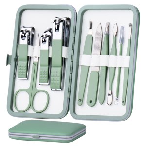 Manicure Set 10 in 1 Stainless Steel, Nail Clippers Scissors Pedicure Tools Kit – Portable Travel Grooming Kit for Men and Women with Leather Case (Jade Green)