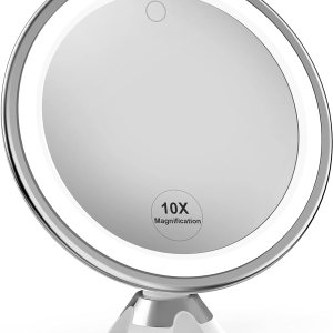 Venigo Upgraded 10x Makeup Mirror with Touch Control, Powerful Locking Suction Cup, and 360 Degree Rotating,Magnifying Mirror with lights for Home, Bathroom and Travel