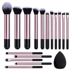 BS-MALL Makeup Brushes 16 Pcs Purple Short Handle Travel Makeup Brus Set with 1 Triangle Puff (Purple)…
