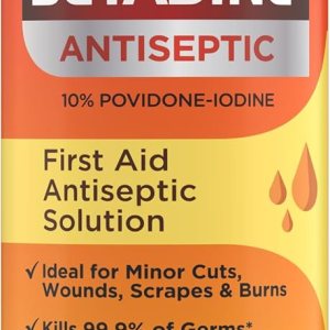 Betadine Antiseptic Liquid First Aid Solution, Povidone-iodine 10%, Infection Protection, Kills Germs In Minor Cuts Scrapes And Burns, No Sting Promise, No Alcohol or Hydrogen Peroxide, 8 FL OZ