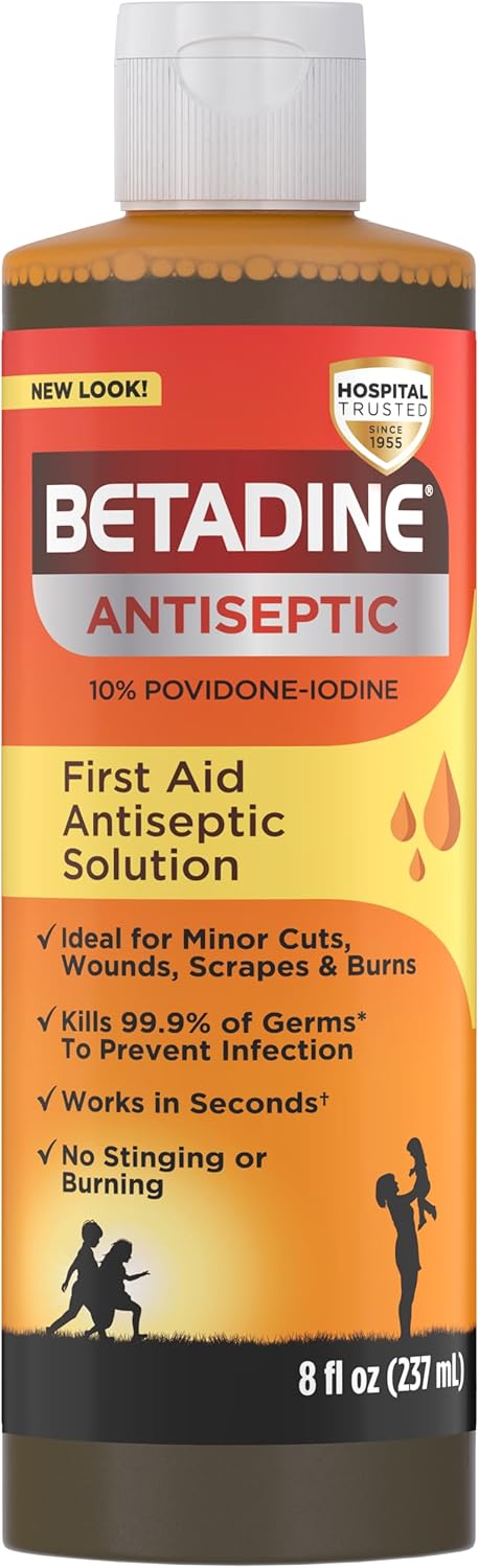 Betadine Antiseptic Liquid First Aid Solution, Povidone-iodine 10%, Infection Protection, Kills Germs In Minor Cuts Scrapes And Burns, No Sting Promise, No Alcohol or Hydrogen Peroxide, 8 FL OZ Betadine Antiseptic Liquid First Aid Solution, Povidone-iodine 10%, Infection Protection, Kills Germs In Minor Cuts Scrapes And Burns, No Sting Promise, No Alcohol or Hydrogen Peroxide, 8 FL OZ