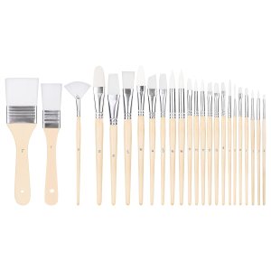 Amazon Basics Multi-shaped Nylon Paint Brushes for for Acrylic, Oil, Watercolor, Gouache, 24 Different Sizes, Wood Color