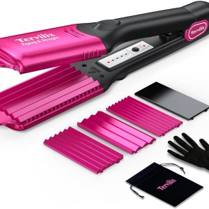 Terviiix Crimper Hair Iron with 4 Interchangeable Plates, Keratin & Argan Oil Infused Hair Crimper for Women, Volumizing Crimping Iron for Thin Fine Hair, 5 Heat Settings & 60 Mins Auto Off, Pink