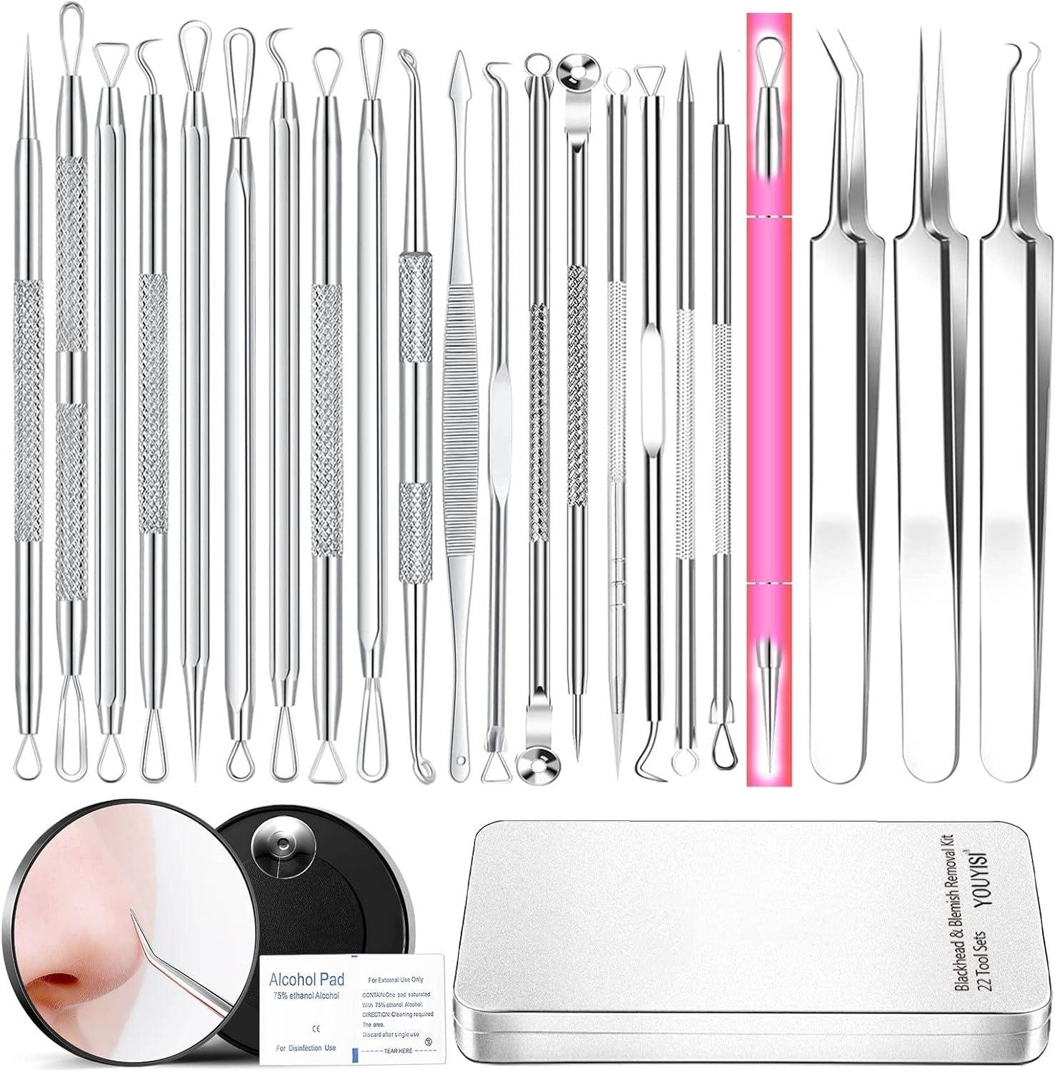 2024 Professional Pimple Popper Tool Kit – 22 PCS Blackhead Remover Tools for Acne and Zit Popping Comedone Extractor with Magnifying Glass and Alcohol Pad 2024 Professional Pimple Popper Tool Kit – 22 PCS Blackhead Remover Tools for Acne and Zit Popping Comedone Extractor with Magnifying Glass and Alcohol Pad