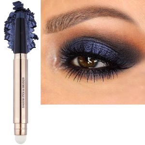 2 in 1 black Eyeshadow stick and Sponge Makeup Brush, Smooth Cream Shimmer Shadow Pencil Long Lasting Waterproof Eye Shadow Highlighter Stick Makeup , Hypoallergenic Eyeshadow, Highlighter Eye Liner