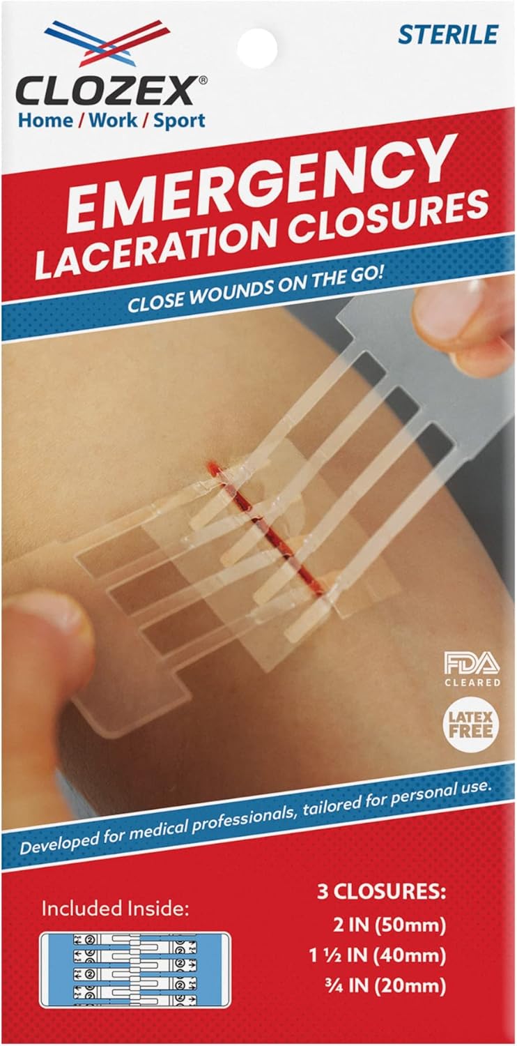 Clozex Emergency Laceration Closures – Repair Wounds Without Stitches. FDA Cleared Skin Closure Device for 3 Individual Wounds Or Combine for Total Length of 4 1/4 Inches. Clozex Emergency Laceration Closures – Repair Wounds Without Stitches. FDA Cleared Skin Closure Device for 3 Individual Wounds Or Combine for Total Length of 4 1/4 Inches.