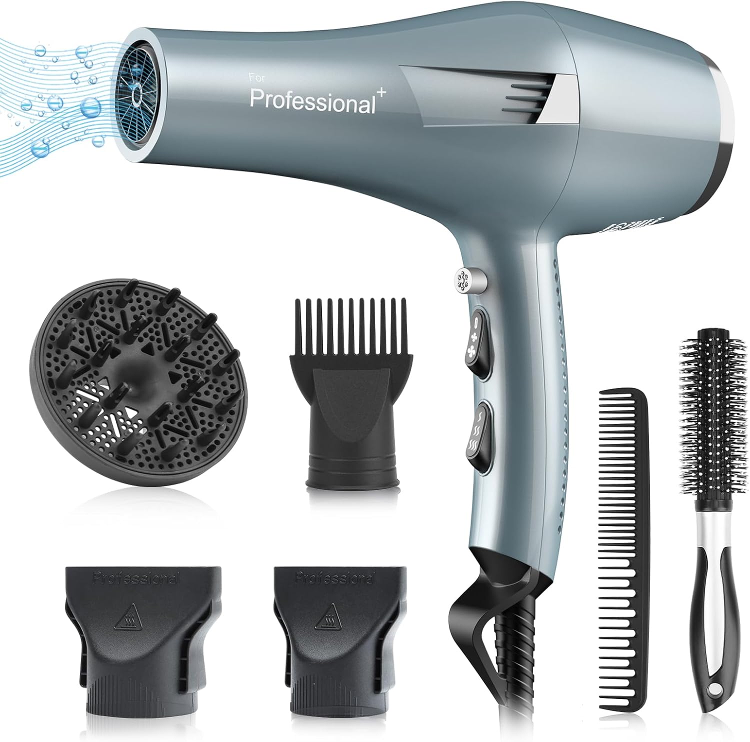 Ionic Salon Hair Dryer, Professional Blow Dryer 1800W AC Motor Fast Drying with 2 Speed, 3 Heat Setting, Cool Button, with Diffuser,Nozzle,Concentrator Comb for Curly & Straight Hair-Blue Ionic Salon Hair Dryer, Professional Blow Dryer 1800W AC Motor Fast Drying with 2 Speed, 3 Heat Setting, Cool Button, with Diffuser,Nozzle,Concentrator Comb for Curly & Straight Hair-Blue