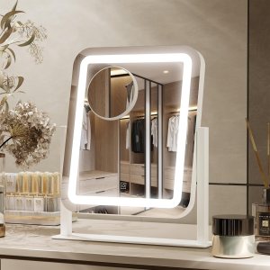 PRIMETEK Vanity Mirror with Lights, 16×14 inch LED Lighted Makeup Mirror, Large Makeup Mirror with Lights, Touch Screen, 3-Color Lighting, 5X Magnification, for Vanity Desk Tabletop, Bedroom, White