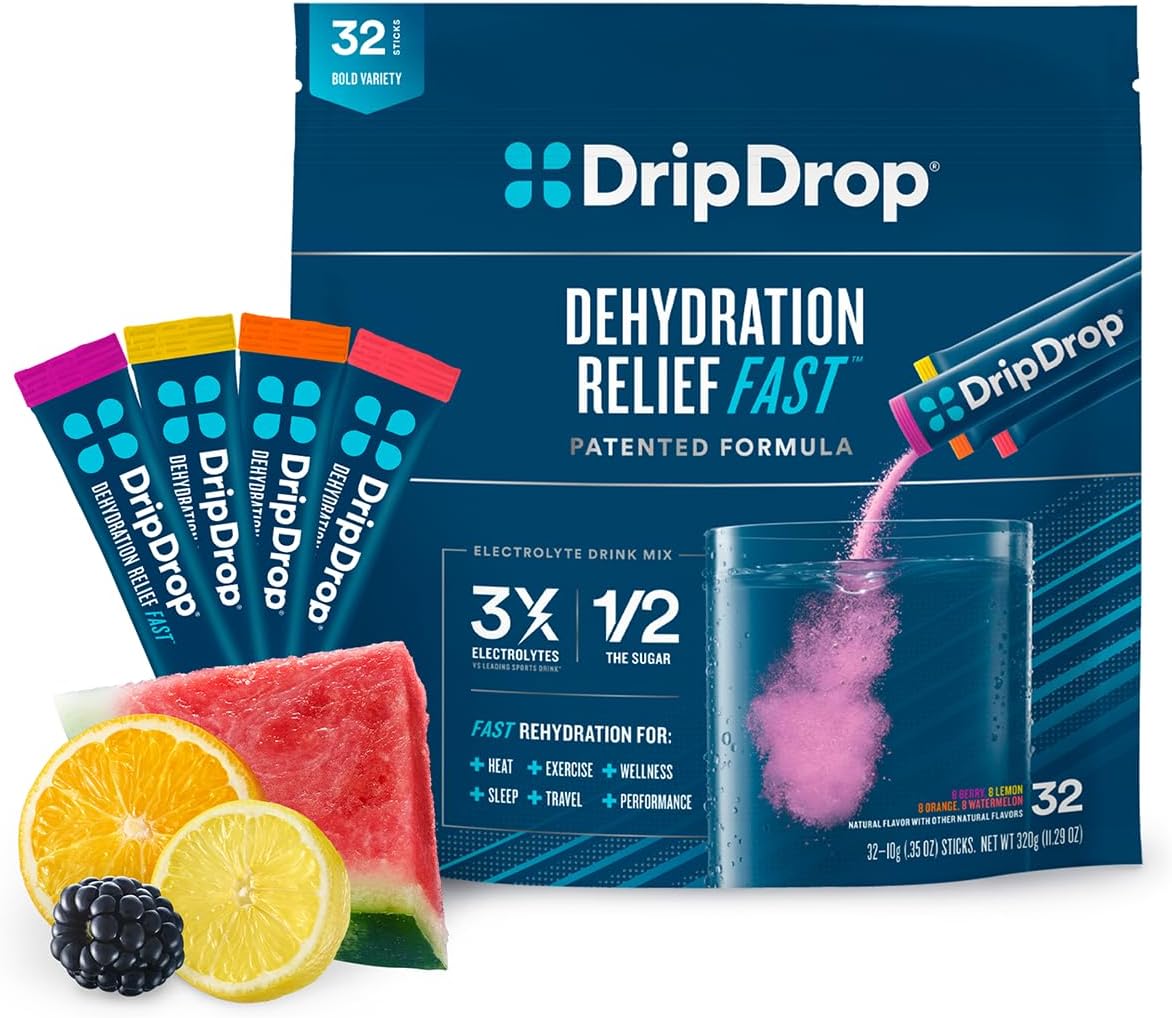 DripDrop Hydration – Bold Variety Pack – Electrolyte Drink Mix Single Serve Hydration Powder Packets – Watermelon, Berry, Lemon, Orange | Non-GMO, Gluten Free, Vegan | 32 Sticks DripDrop Hydration – Bold Variety Pack – Electrolyte Drink Mix Single Serve Hydration Powder Packets – Watermelon, Berry, Lemon, Orange | Non-GMO, Gluten Free, Vegan | 32 Sticks