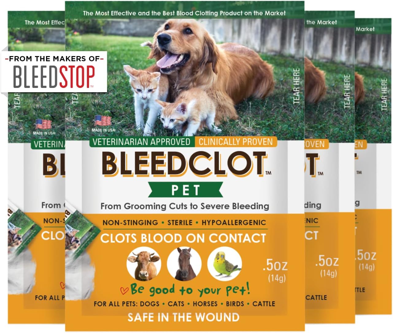 BleedClot Pet First Aid Blood Clotting Powder | The Best for All Animals to Stop Bleeding, Guaranteed | for Minor Cuts and Severe Arterial Bleeding | from The Makers of BleedStop (4 Pouches (0.5 oz)) BleedClot Pet First Aid Blood Clotting Powder | The Best for All Animals to Stop Bleeding, Guaranteed | for Minor Cuts and Severe Arterial Bleeding | from The Makers of BleedStop (4 Pouches (0.5 oz))