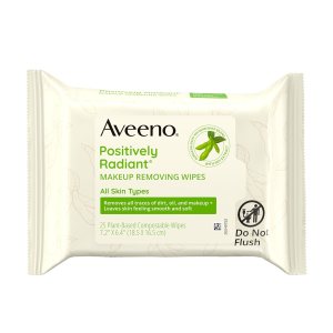 Aveeno Positively Radiant Alcohol Free Makeup Removing Face Wipes, Ultra Soft, Gentle, Non-Comedogenic Facial Cleansing Wipes, 100% Plant Based Home Compostable Wipes, Sulfate Free, 25 ct