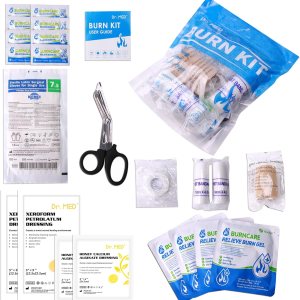 Dr.Med Burn Kit, 4pcs Burn Dressings 4×4”, 8pcs Burn Gel 3.5g, 4pcs Non-adherent Xeroform Petrolatum Gauze, Burn First Aid Cooling Soothing Cream with Bandage, Latex Surgical Gloves, Scissors, Tape