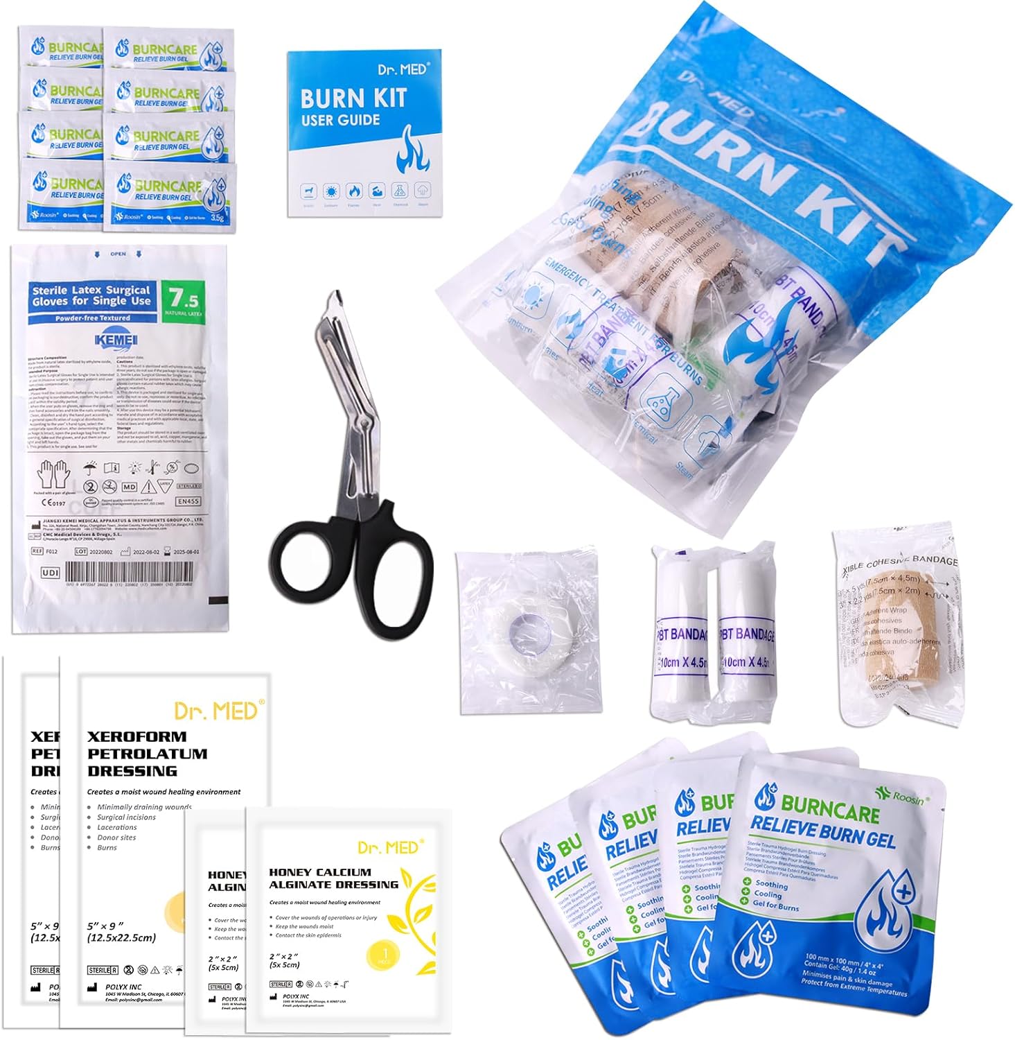 Dr.Med Burn Kit, 4pcs Burn Dressings 4×4”, 8pcs Burn Gel 3.5g, 4pcs Non-adherent Xeroform Petrolatum Gauze, Burn First Aid Cooling Soothing Cream with Bandage, Latex Surgical Gloves, Scissors, Tape Dr.Med Burn Kit, 4pcs Burn Dressings 4×4”, 8pcs Burn Gel 3.5g, 4pcs Non-adherent Xeroform Petrolatum Gauze, Burn First Aid Cooling Soothing Cream with Bandage, Latex Surgical Gloves, Scissors, Tape