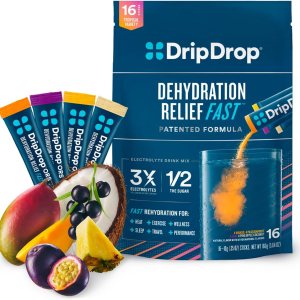 DripDrop Hydration – Tropical Variety Pack – Electrolyte Drink Mix Single Serve Hydration Powder Packets – Mango, Açaí, Passion Fruit, Pineapple Coconut | Non-GMO, Gluten Free, Vegan | 16 Sticks