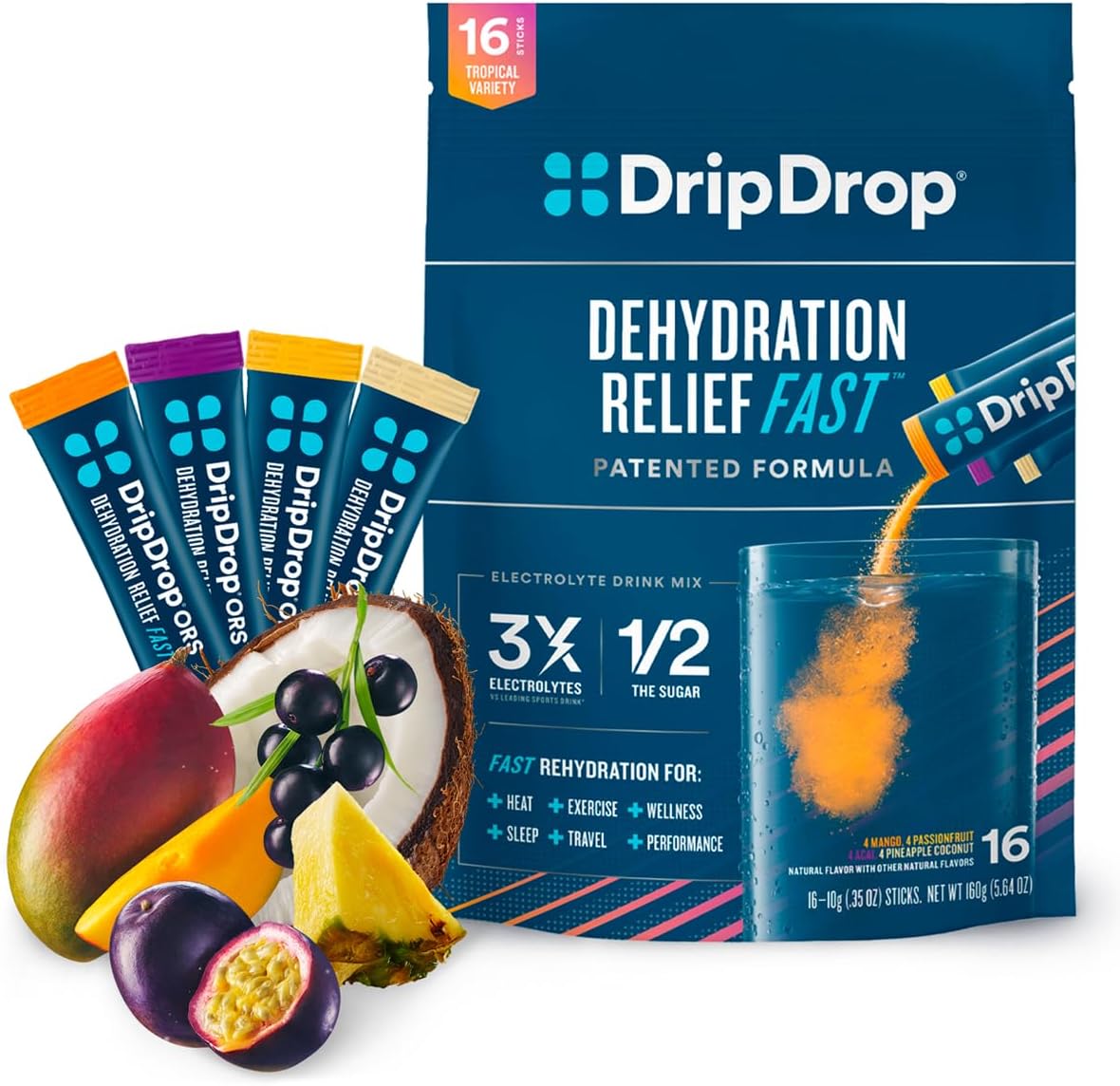 DripDrop Hydration – Tropical Variety Pack – Electrolyte Drink Mix Single Serve Hydration Powder Packets – Mango, Açaí, Passion Fruit, Pineapple Coconut | Non-GMO, Gluten Free, Vegan | 16 Sticks DripDrop Hydration – Tropical Variety Pack – Electrolyte Drink Mix Single Serve Hydration Powder Packets – Mango, Açaí, Passion Fruit, Pineapple Coconut | Non-GMO, Gluten Free, Vegan | 16 Sticks