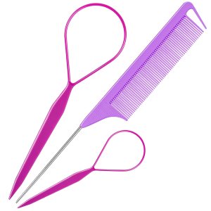 TsMADDTs 3Pack Hair Loop Tool Set with 2Pcs French Braid Tool Loop 1Pcs Rat Tail Comb Metal Pin Tail Braiding Comb for Hair Styling, Purple