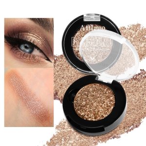 Glitter Eyeshadow Single, Champagne Shimmer Pearl Eyeshadow, Metallic Finish Sparkle Brown Eyes Makeup, Long Lasting Gold Flash Eyeshadow & Highlighting, Ultra-fine Blendable Talc Free (5H Moonlight)