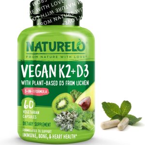 NATURELO Vegan K2+D3 – Plant Based D3 from Lichen – Natural D3 Supplement for Immune System, Bone Support, Joint Health – Whole Food – Vegan – Non-GMO – Gluten Free,Capsule (60 Count (Pack of 1))